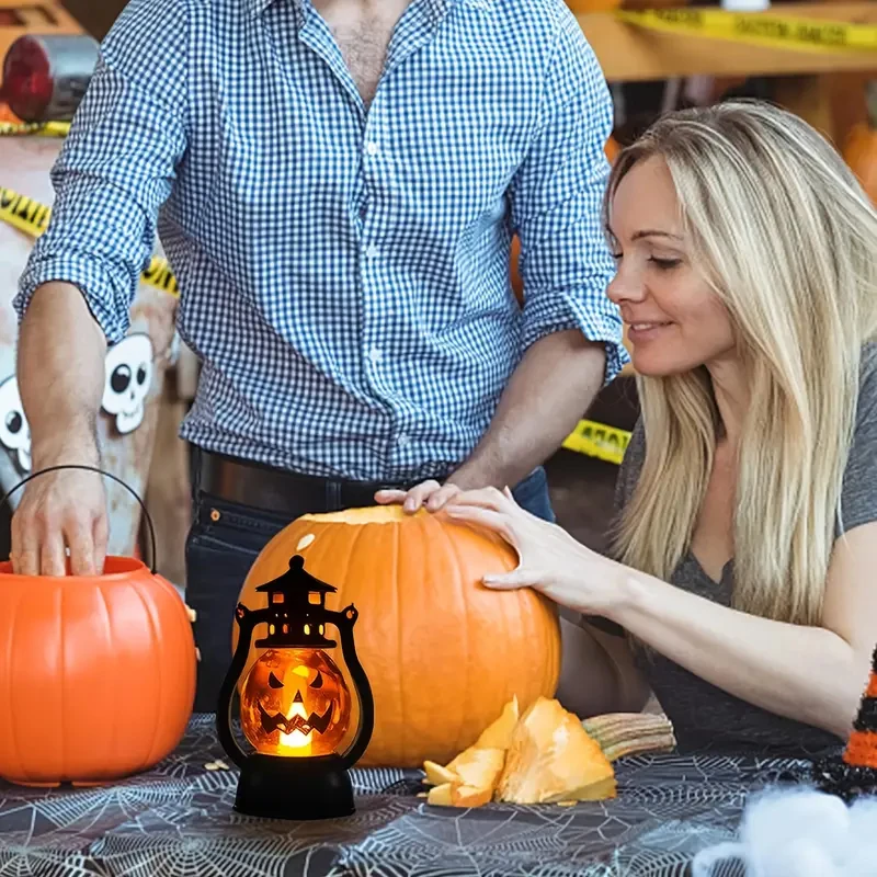 Halloween Pumpkin Lantern Handheld  LED Lamp Vintage Kerosene Table Lights for Home Camping Garden Yard Door Decor