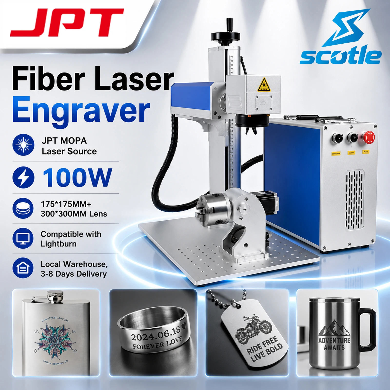 

100W JPT MOPA Engraver 60W Fiber Laser Marking Machine JPT M7 MOPA Laser For Metal Gold Silver Engraving Cutting 175MM+300MM Lens with Rotary Axis Fast Ship