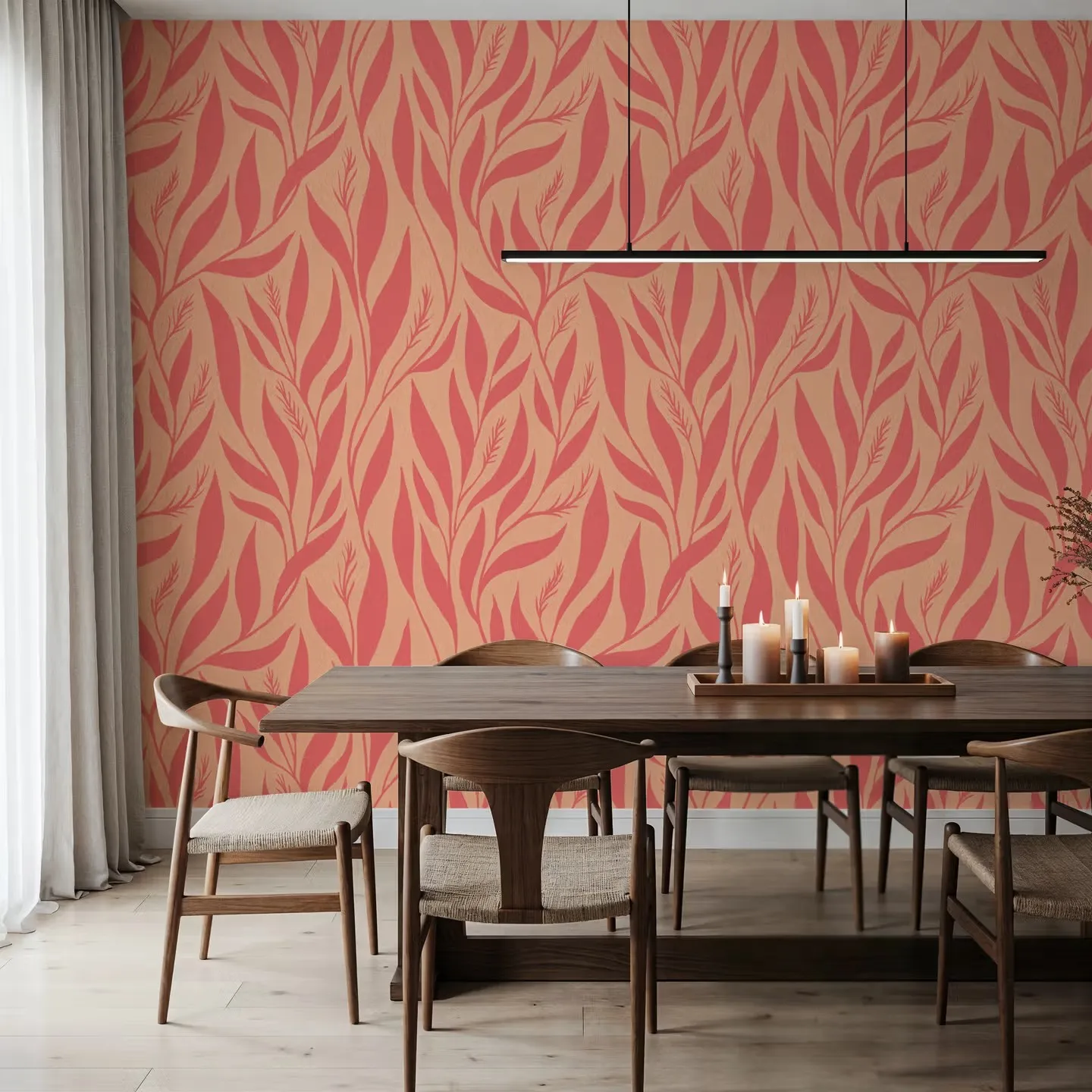 Customized wallpaper in orange yellow pink with a flat leaf pattern covering the living room bedroom and the entire house mural