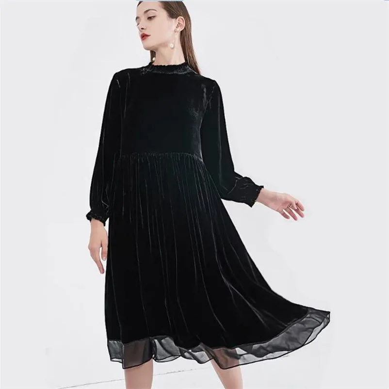 Vestido Midi de terciopelo de manga larga para mujer, vestido de fiesta de gasa de retazos, bata de terciopelo sólido, Otoño, 2024