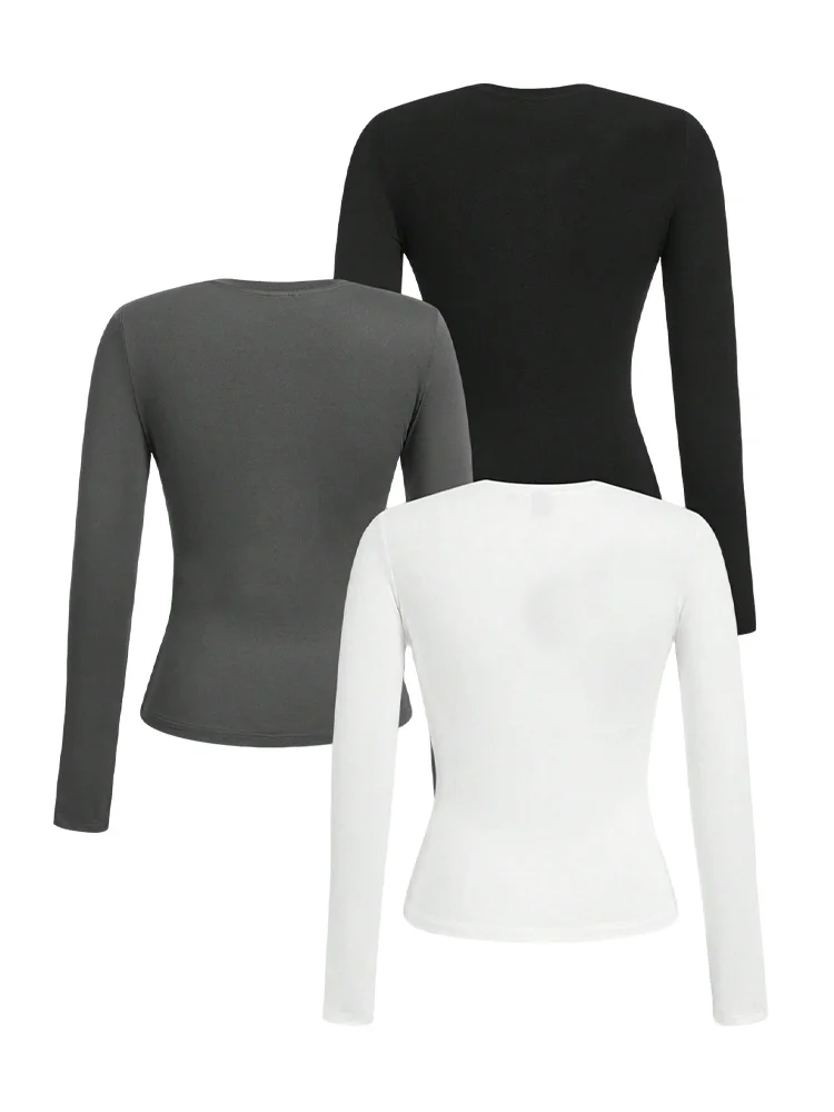 Effen dames T-shirt met lange mouwen - Gebreide polyesterstof, ronde hals, normale pasvorm, herfst-winterstijl