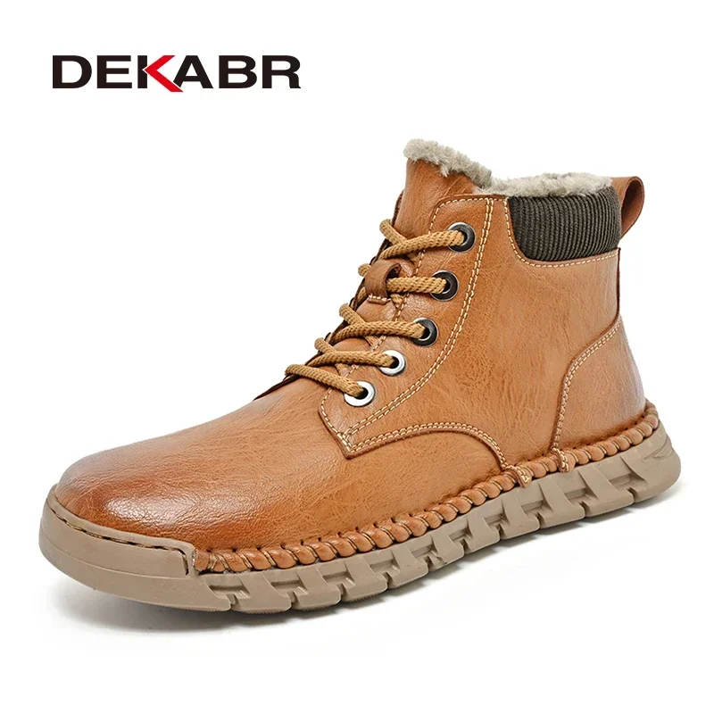 DEKABR Men Boots Autumn Winter Handmade Quality Leather Fashion Shoes Men Lace Up Anti-Skid Casual Plush Ankle Boots Size 38-46