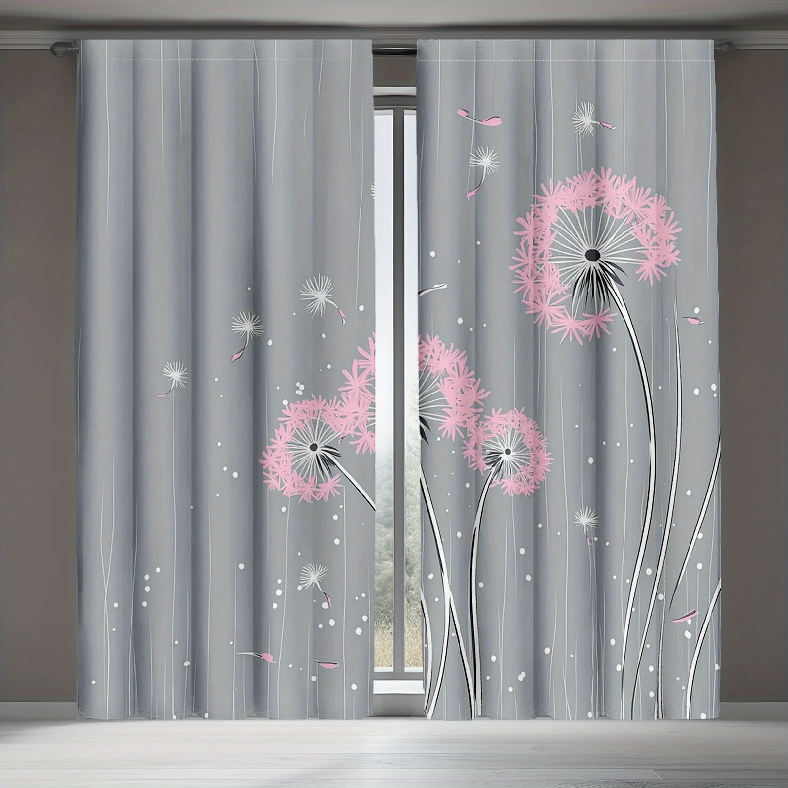 2 Panels Grey Pink Dandelion Print Curtains, Floral Nature Pattern Polyester Drapes for Bedroom Living Room, Romantic Window
