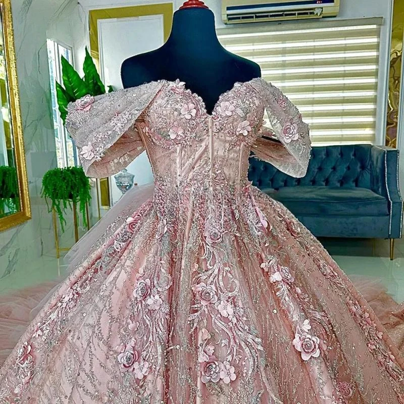 Rose Gold Off The Shoulder Beading Sequined Ball Gown Quinceanera Dresses 3D Flowers Appliques Lace Corset Vestidos De 15 Años