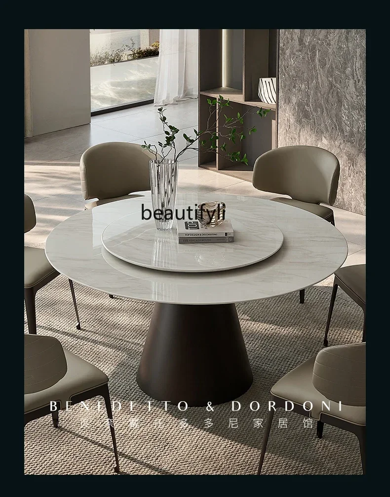 Natural marble round table light luxury dining table high-end villa Italian minimalist dining table with turntable