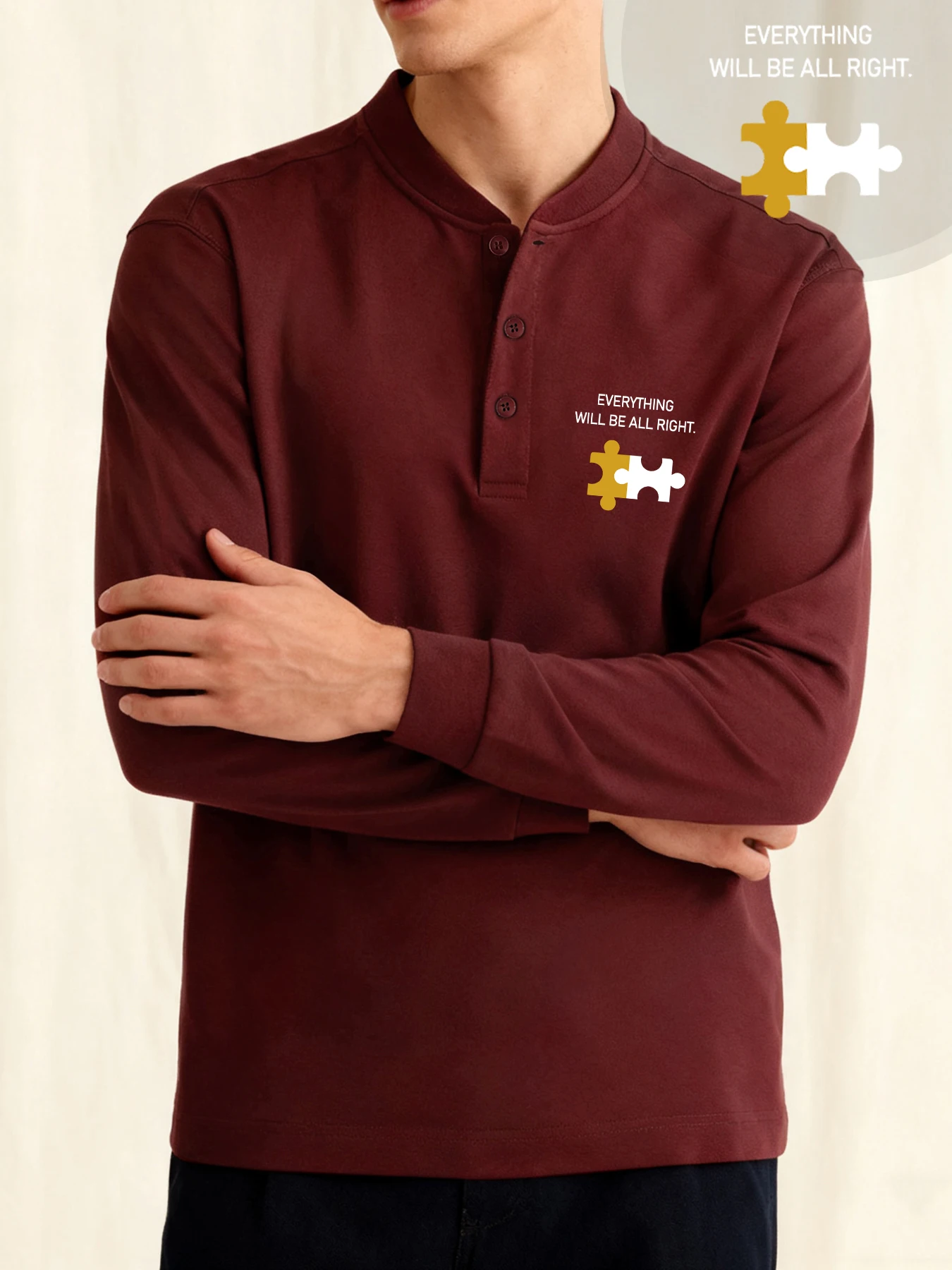 كل شيء سيكون على ما يرام، قمصان هنري للرجال مطبوعة، ملابس كاجوال ناعمة، رقبة دائرية، أزياء بأكمام طويلة، قميص بأزرار عالية الجودة #1