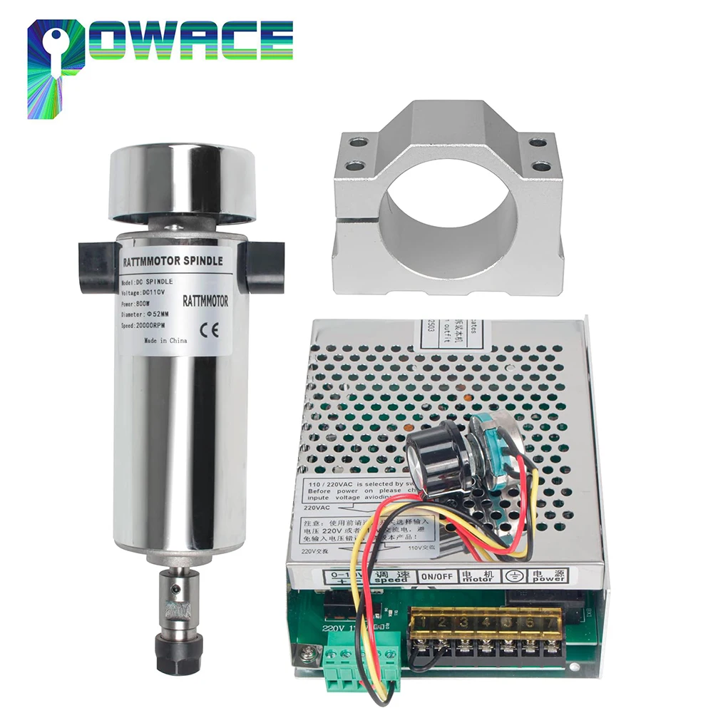 800W ER11 Or ER16 CNC DC Air Cooled Spindle Motor Kit 52mm 20000RPM + Speed Controller Governor with Power Supply