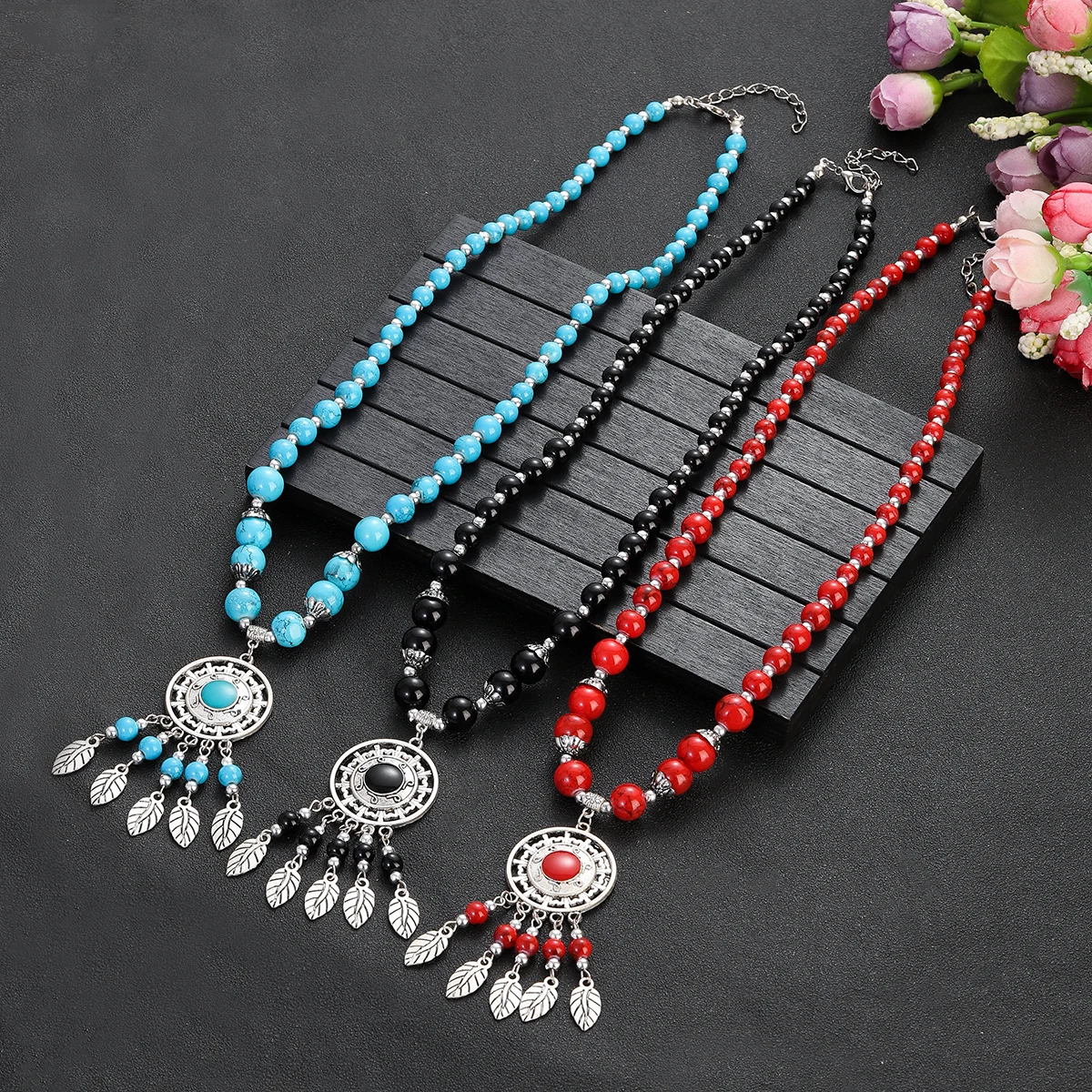 Ethnic Vintage Silver Color Leaf Tassel Necklace Red Turquoises Geometric Pendants Necklace Boho Women\'s Jewelry