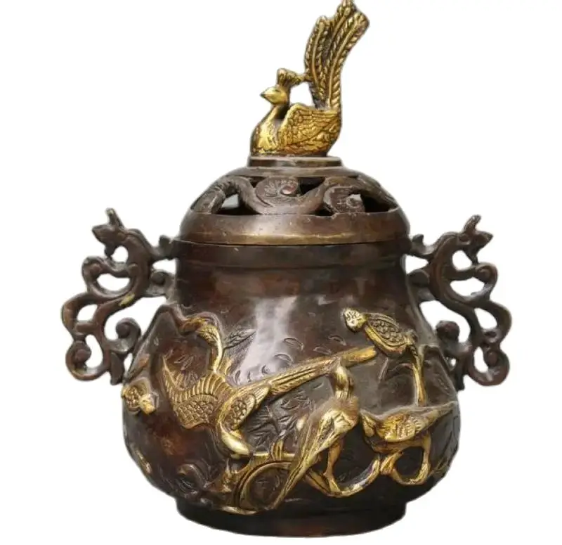 

China Old Copper Gilt Peacock Bird Incense Burner ww93