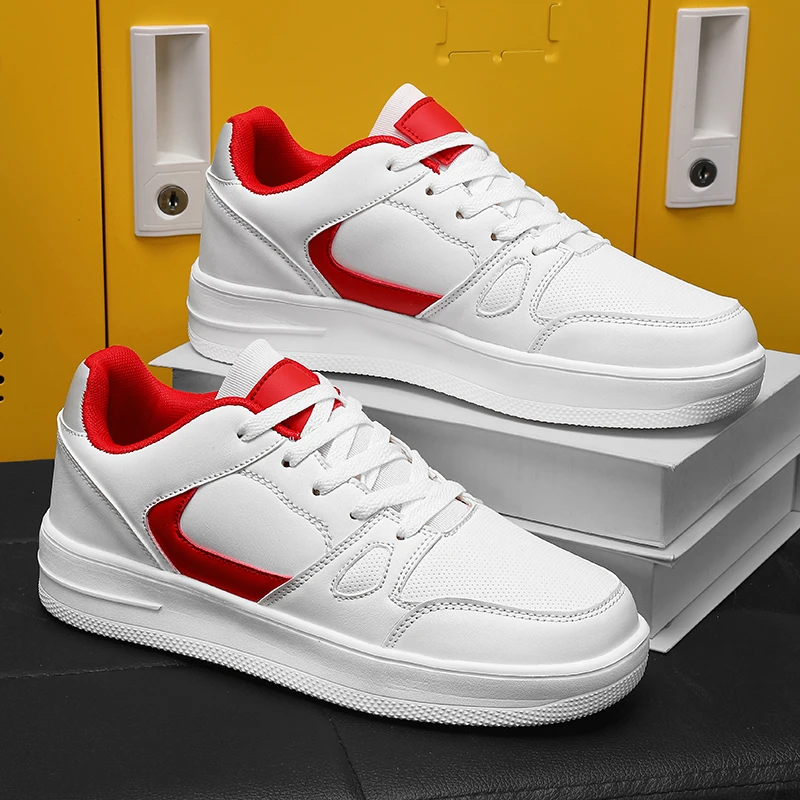 

Men's Sports Shoes White Leather Flat Bottom Student Walking Shoes Anti Slip Boys' Lightweight Sports Tennis Shoes Large Size