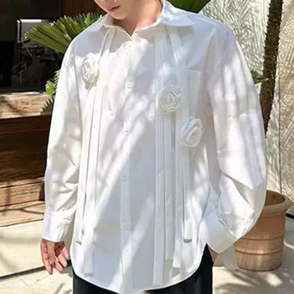 여름 남성 솔리드 컬러 입체 꽃 리본 긴팔 셔츠 라이트 럭셔리 레트로 패션 트렌드 캐주얼 남성상의