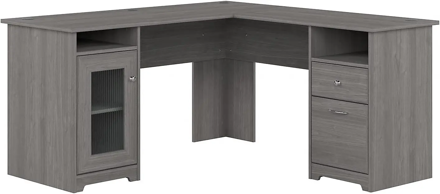 

L-shaped computer desk in modern grey corner desk with drawers and storage for personal home office work space