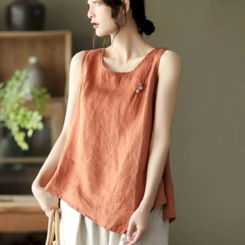 

Literary Vest for Women Summer Minimalism Korean Style Casual Oversized Elegant Tanks O-neck Sleeveless T-shirts Women Clothing