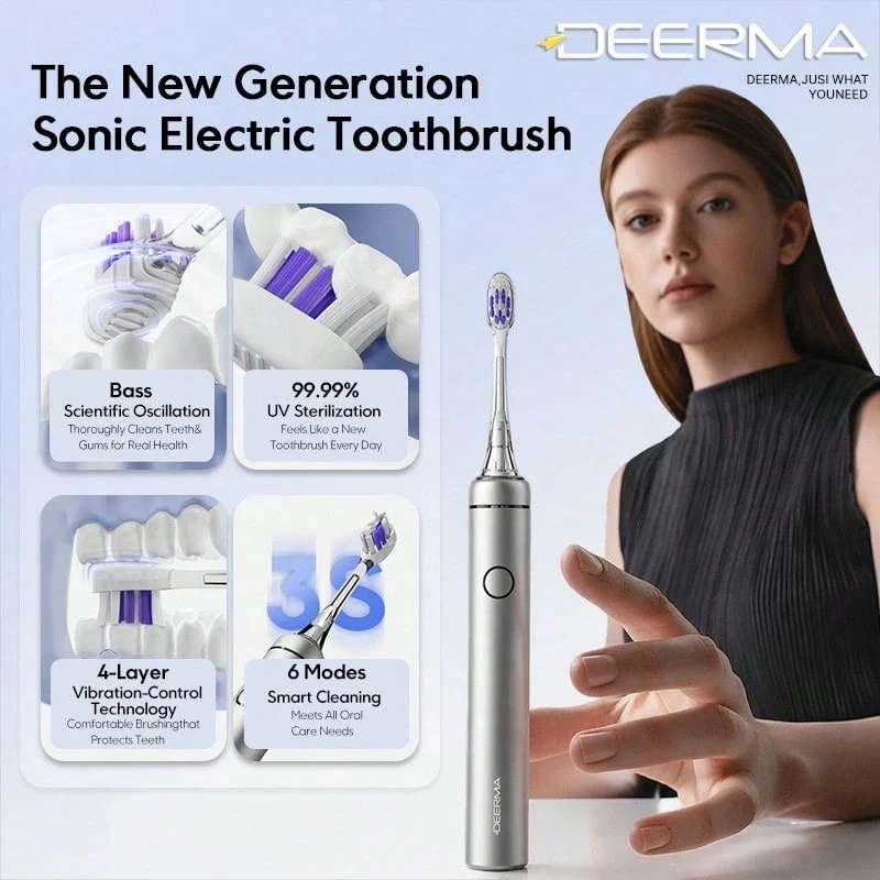 Электрическая звуковая зубная щетка Deerma YS01, 6 режимов чистки, УФ-стерилизатор, 2 мягкие сменные насадки, перезаряжаемая через Type-C