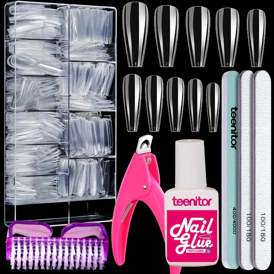 Clear Coffin Nail Tips Set Lange acryl nagelkit Volledige dekking Clear Pr On Nails 600-delige nepnagels met lijm Acryl nagelknipper