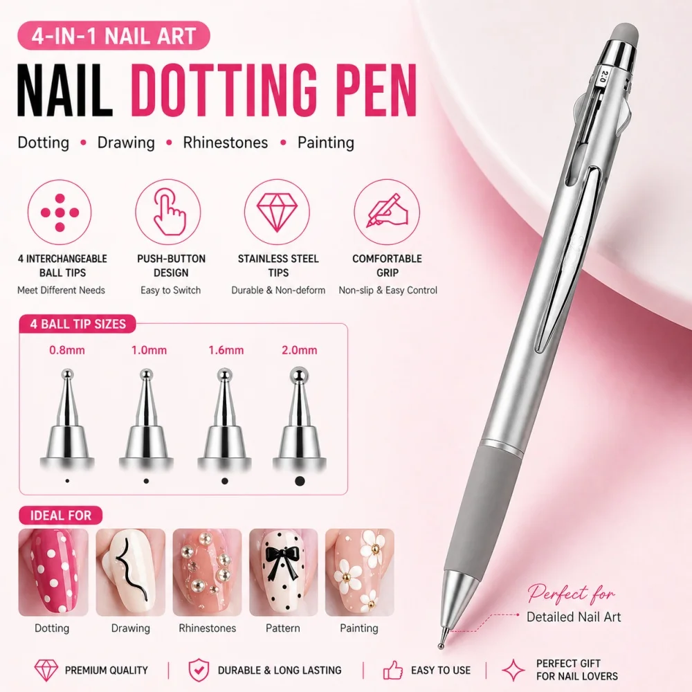 1Pcs 4-in-1 Nail Art Dotting Pen Press-Type Tool – Multifunctional Polka Dot Nail Design Pen, Nail Art Tool Set