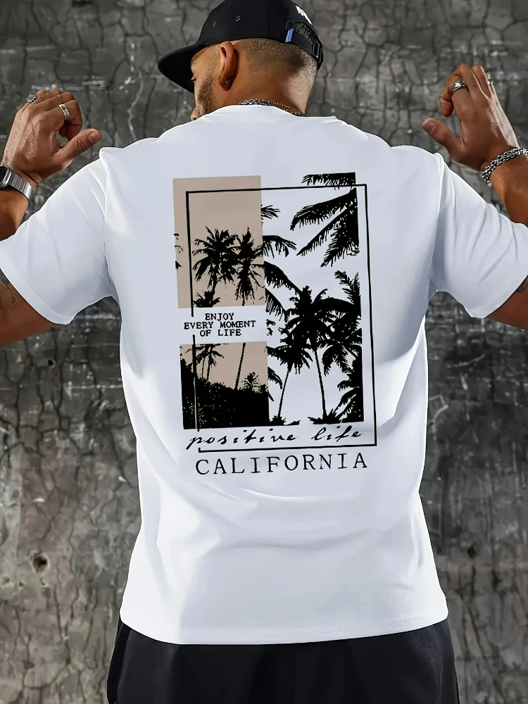 

Palm Tree pattern design -100% cotton summer O-neck short sleeve casual printed men's T-shirt.