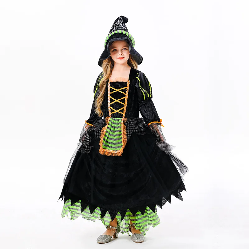 Halloween Vampire Cosplay Costume for Kids Girls Fantasy Witch Dress with Hat Carnival Party Children's Stage Performance Dress