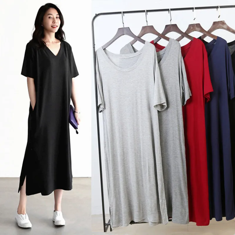 Spring Clothing Plus size Short sleeve Dress Women 2023 New V-neck Base Black Dress Summer Slimming Modal Long dress