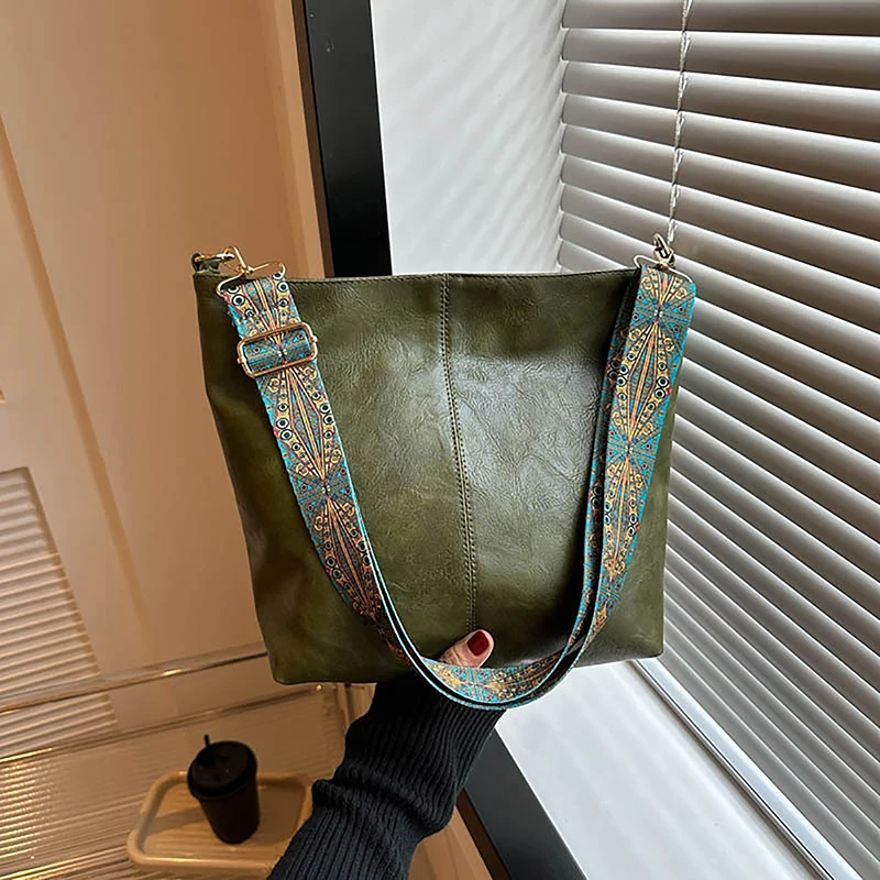 Vintage Effen Kleur Damesmode Schoudertas Met Hoge Capaciteit, Eenvoudige Crossbodytas Met Brede Riem