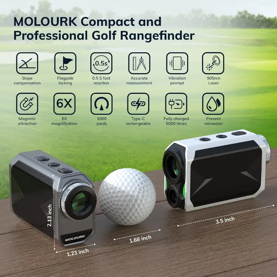 Mini telêmetro de golfe de alta precisão com recurso de travamento de bandeira de inclinação Ampliação 6X Design recarregável de alcance de 1000 jardas