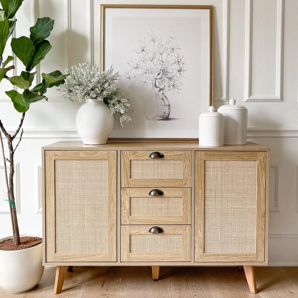 Rattan Cabinet - Sideboard Buffet Cabinet/Accent Cabinet with Doors and Drawers, Rattan Console Table，