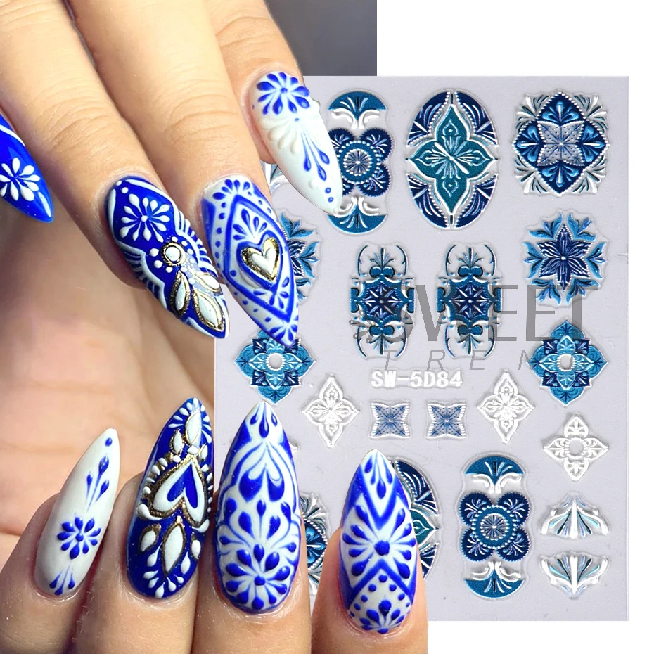 5D Acryl Bohemen Bloemen Nail Reliëf Sticker Bruin Filigraan Kant Stam Ontwerp Lijm Decal Charms Geweven Decoratie Sasw