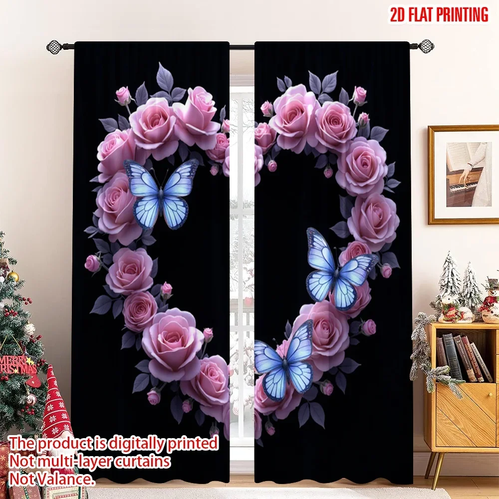 2pcs 2D flat printing Window Drapes Neon Heart Butterflies Roses Glow Digital Printed Polyester Drapes Birthday Party for