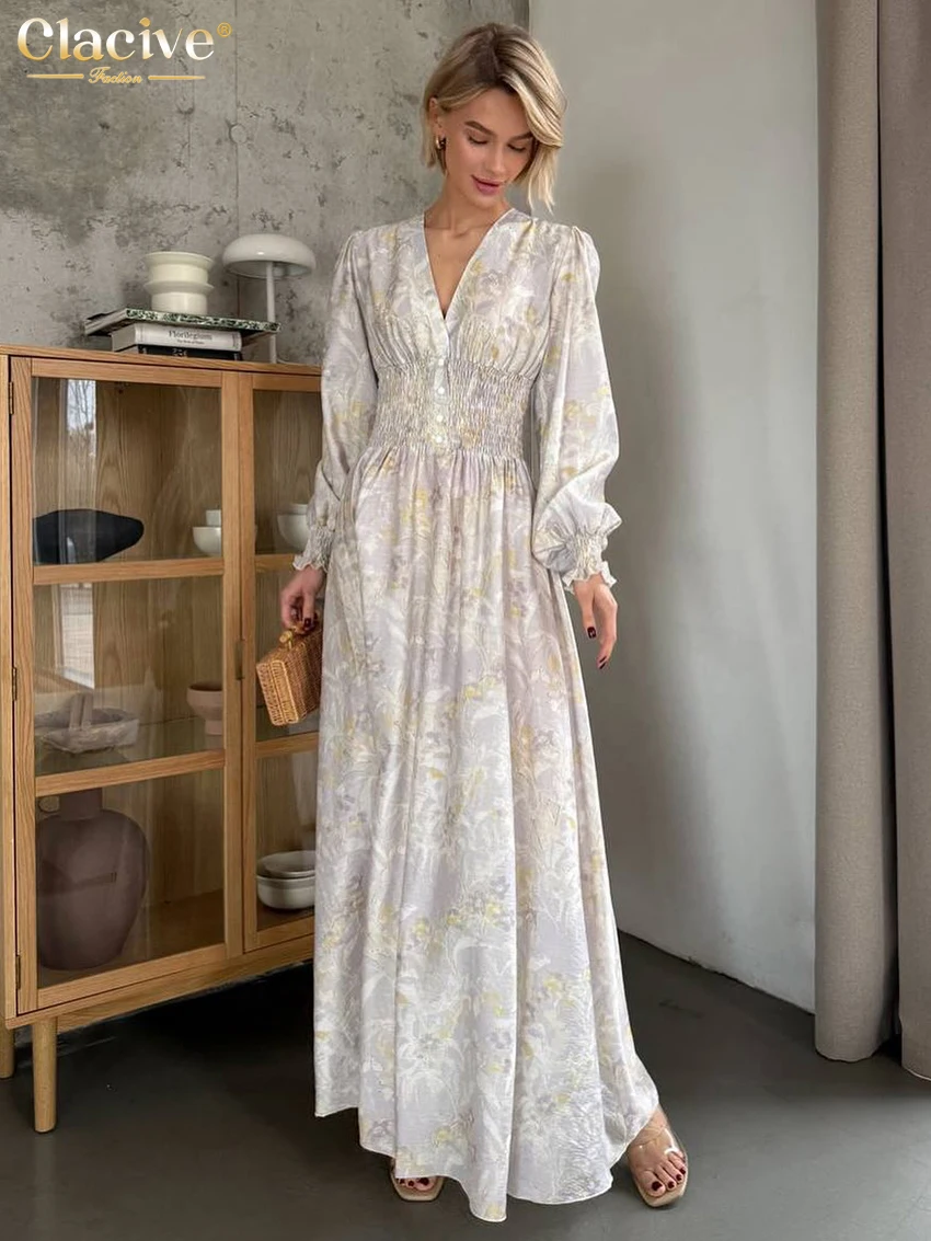 

Clacive Fashion Loose Print Women's Dress 2025 Vintage V-Neck Long Sleeve Maxi Dresses Elegant Classic High Waist Female Dress