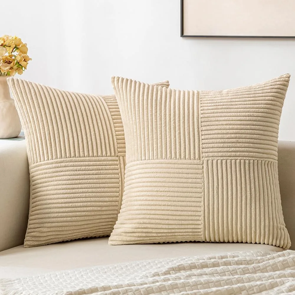 Cream Yellow Corduroy Pillow Covers Boho Decor Spliced Cushion Covers Soft Solid Couch Patchwork Pillowcases for Living Bed Sofa