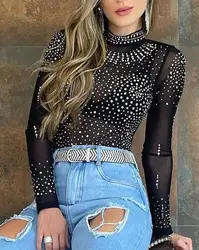 Y2K Clothing Fashion Woman Blouse 2023 Autumn New Casual Sexy Inner Wear Slightly Transparent Sheer Mesh Rhinestone Decor Top