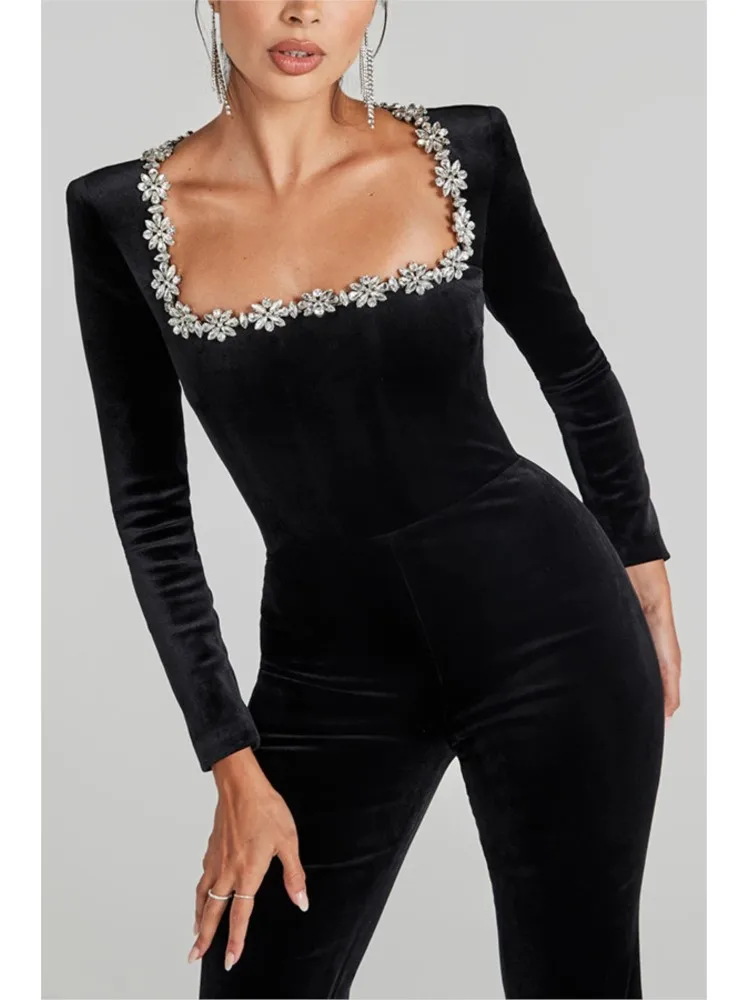 New Diamond-inlaid Velvet Square Collar Long-sleeved Slim Flared Jumpsuit Trousers Women's Autumn Intellectual Style Jumpsuit