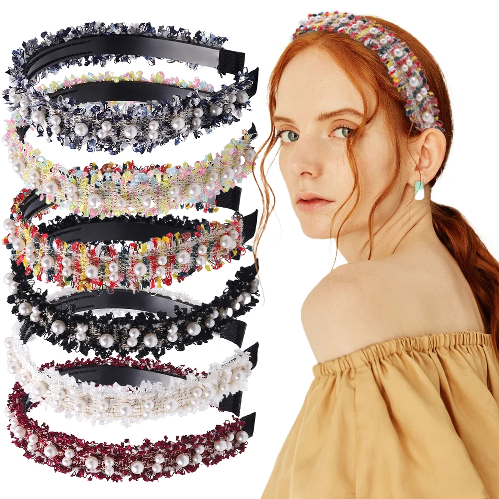 

Women Luxury Lace Double rows of pearls Flower Woven Headbands Hairband Wide Fashion Head Band Girl Hair Hoop Hair Accessories