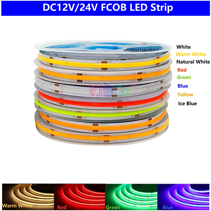 DC12V/24V 5m COB LED Strip Light 320 384 480 Leds/m 8MM High Density Flexible FOB Led Light White/ White Warm Linear Dimmable