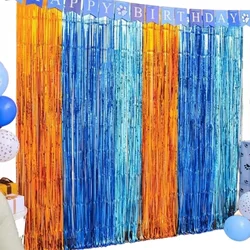 오렌지 블루 도그 호일 프린지 커튼, 생일 파티 용품, 바다 밑 인어 테마, 성별 공개 파티 장식 배경