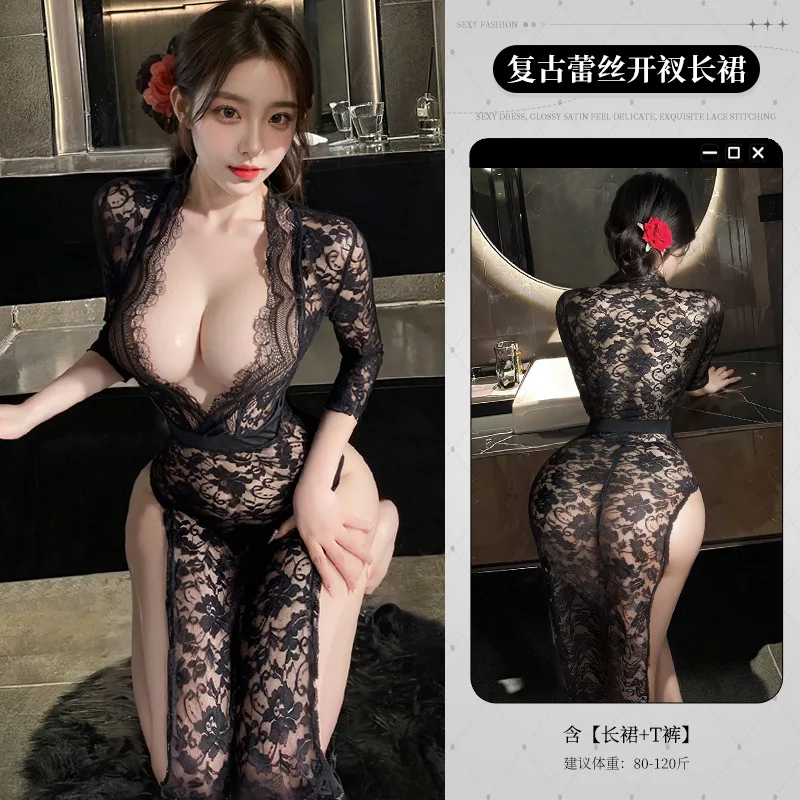 Sleepwear Night Dress Erotic Sexy Women Lingerie Lace Ruffles Robe See-through Open Front Soft Underwear Porno Nightclub Uniform