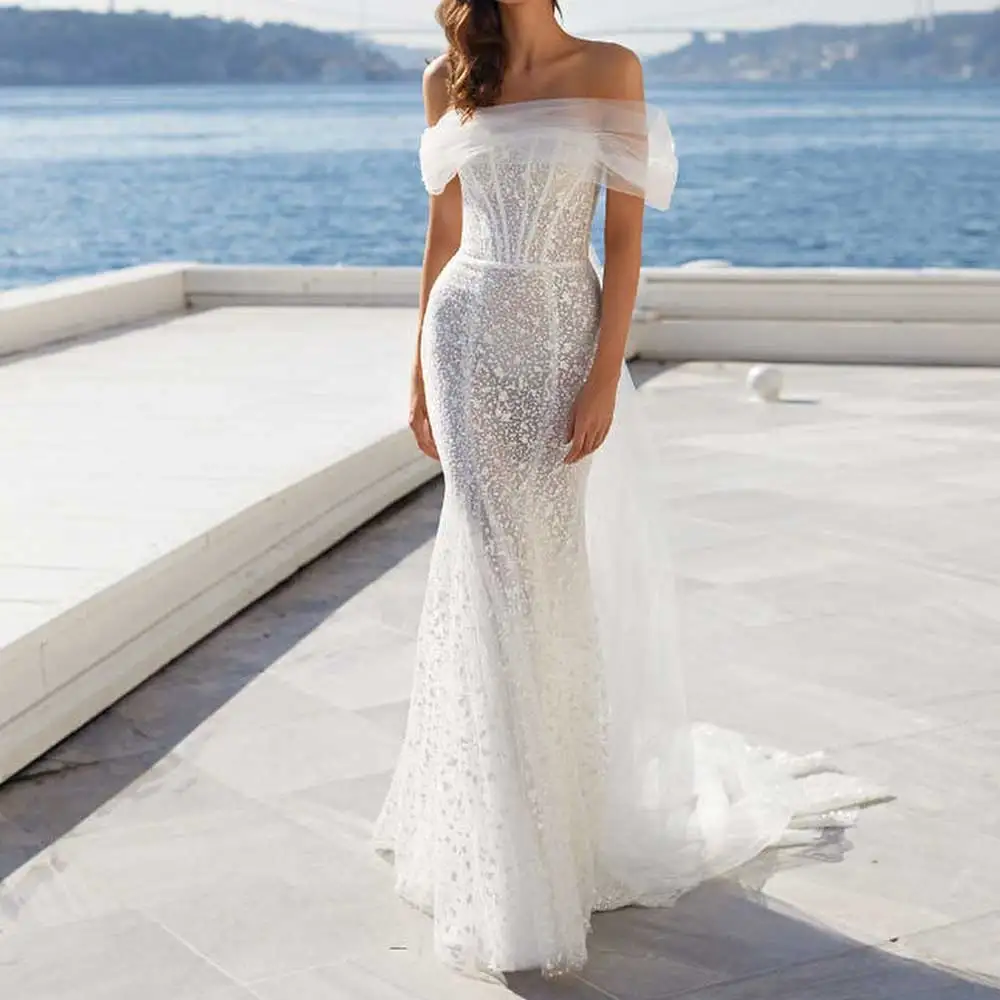 Vestido De Novia De Sirena De tul para mujer, hombros descubiertos, sin mangas, Espalda descubierta, sin tirantes, Corte Sirena