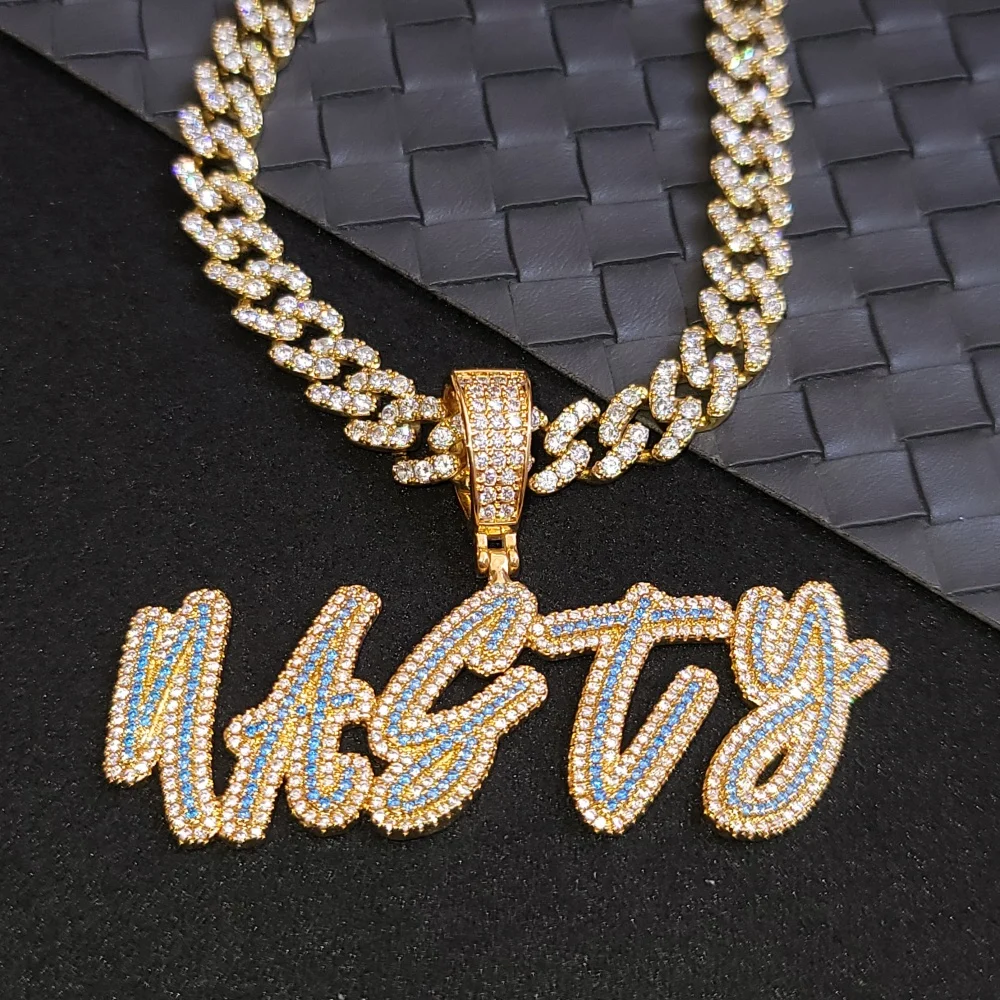 Custom Any Letters Cursive Pendant Full Cubic Zircon Diamond Name Necklace With Tennis Chain Personalized Charm Gift For Her