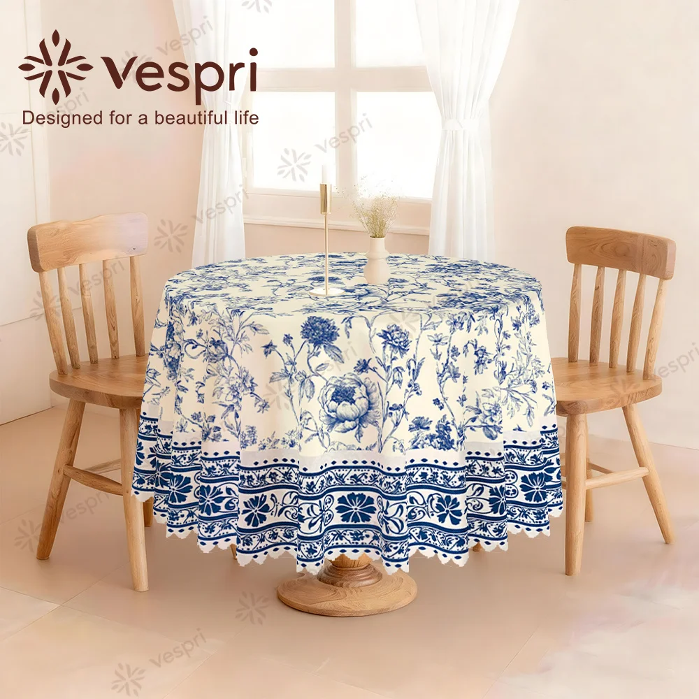Vespri wood-grain, Mediterranean style tablecloth, with white and blue decorations.