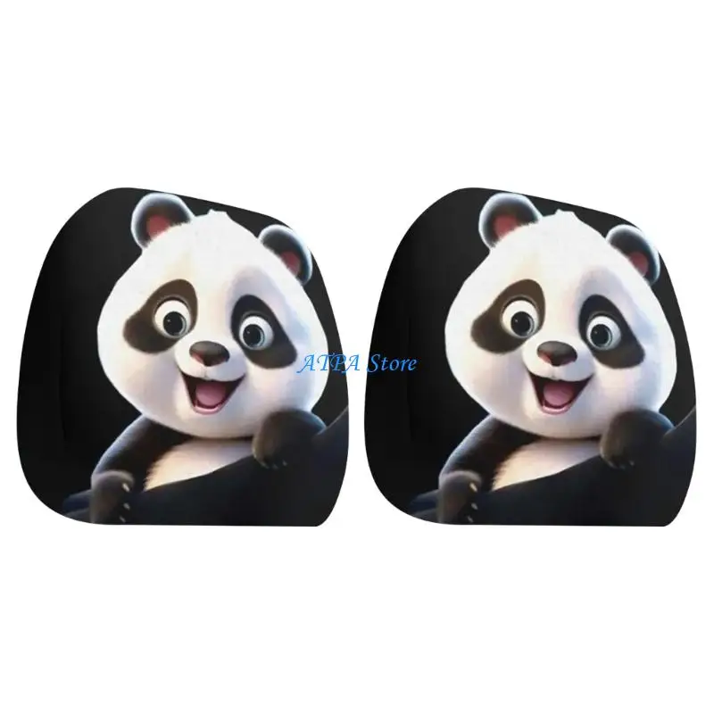 U13C Two Matching Decorative Headrest Covers Protectors Featuring Cheerful Panda Faces