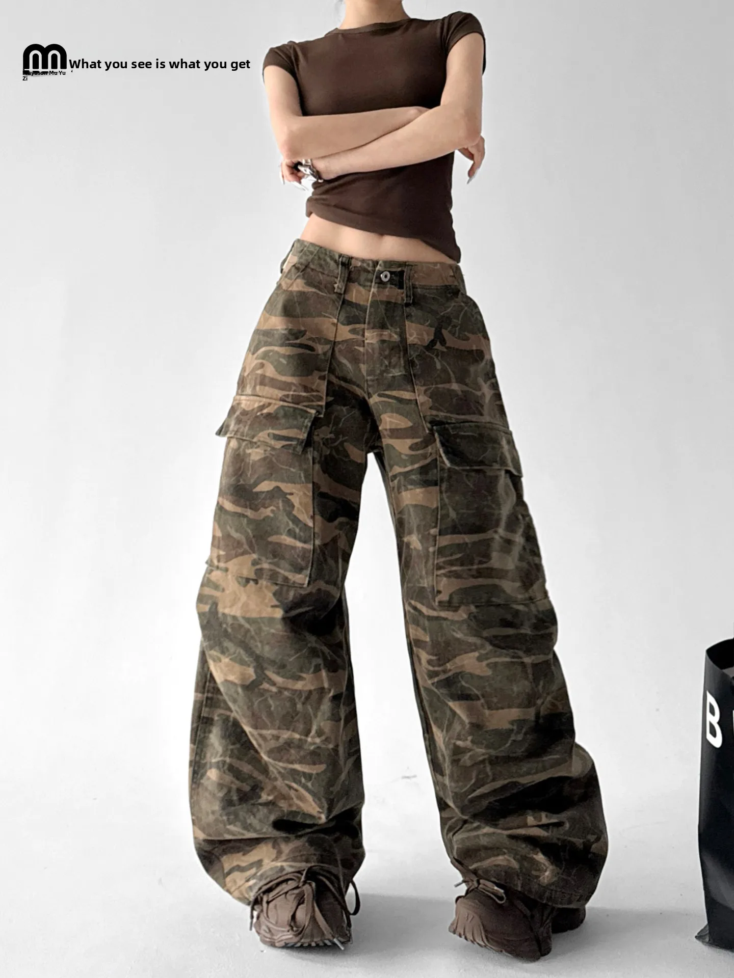 

Retro American Washed Camouflage Work Pants High Waist Wide Leg Straight Cut Multi Pocket Spring Autumn Unisex Loose Fit Jeans