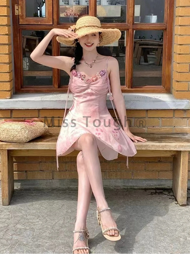 Elegant Pink Flower Lace-up Party Dress Women Sweet Y2k Sleeveless Slim Beach Dresses Fashion Chic Fairy Print Pleat Clothes New