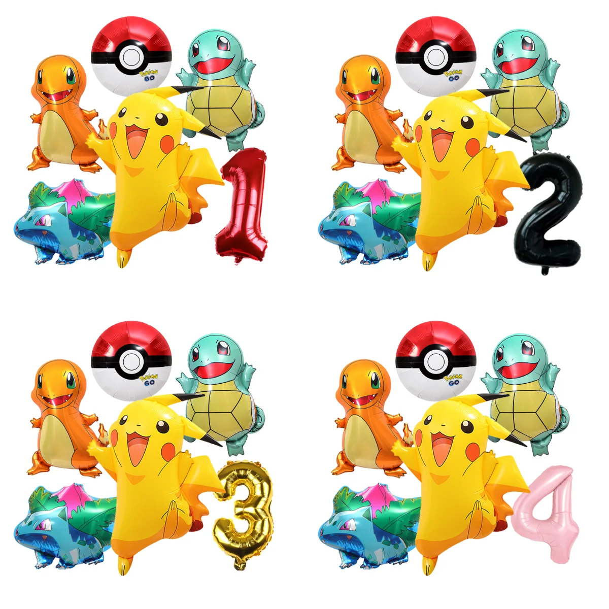 Lot de 6 ballons en latex à l'effigie de personnages Pokémon (Pikachu, Charmander, Squirtle, Bulbasaur) et chiffres, idéal pour la décoration de fêtes d'anniversaire d'enfants