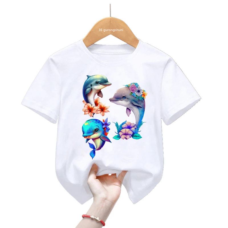 T-shirt de manga curta para meninas e meninos, estilo harajuku, kawaii, estampa de golfinhos, verão