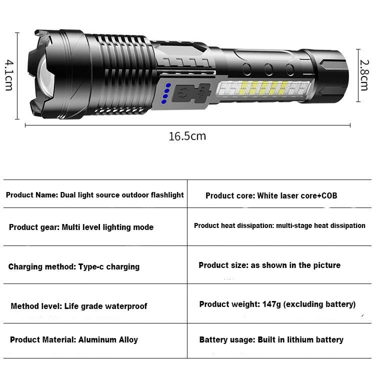 Outdoor Flashlight Led Recargable With Strong Light USB Emergency Long-range Illumination