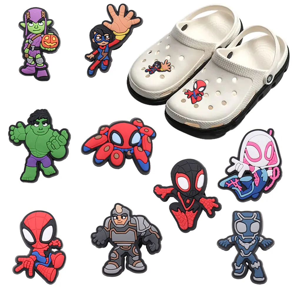 

Hot Sale 1-9pcs PVC Shoe Charms Spider-Man Spider Gwen Green Goblin Accessories Sandals Decoration For Kids X-mas Gift