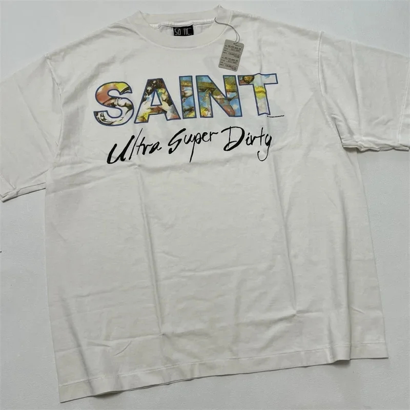 Oil Painting SAINT MICHAEL Short Sleeves Men Women 1:1 Best Quality SUPER DIRTY Saint Logo Vintage White Retro T Shirts