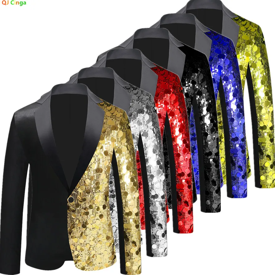 

Black Men's Suit Jacket with Gold Sequin Embellishment, Suitable for Parties, Stage Performances, and Nightclubs.