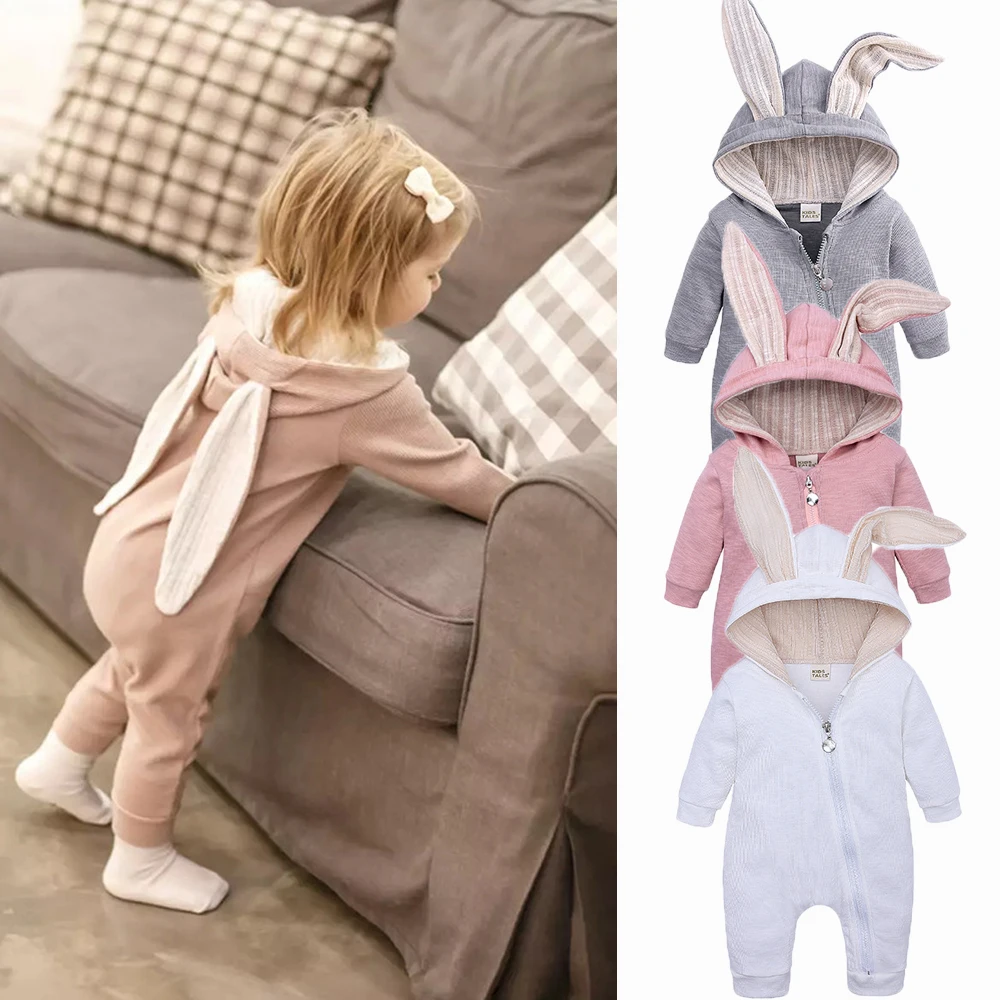 Baby Clothes Newborn Bunny Rompers Cute Cotton Solid Playsuit Long Sleeve Bodysuits Baby Girl Boy Zipper Hooded Soft Clothing