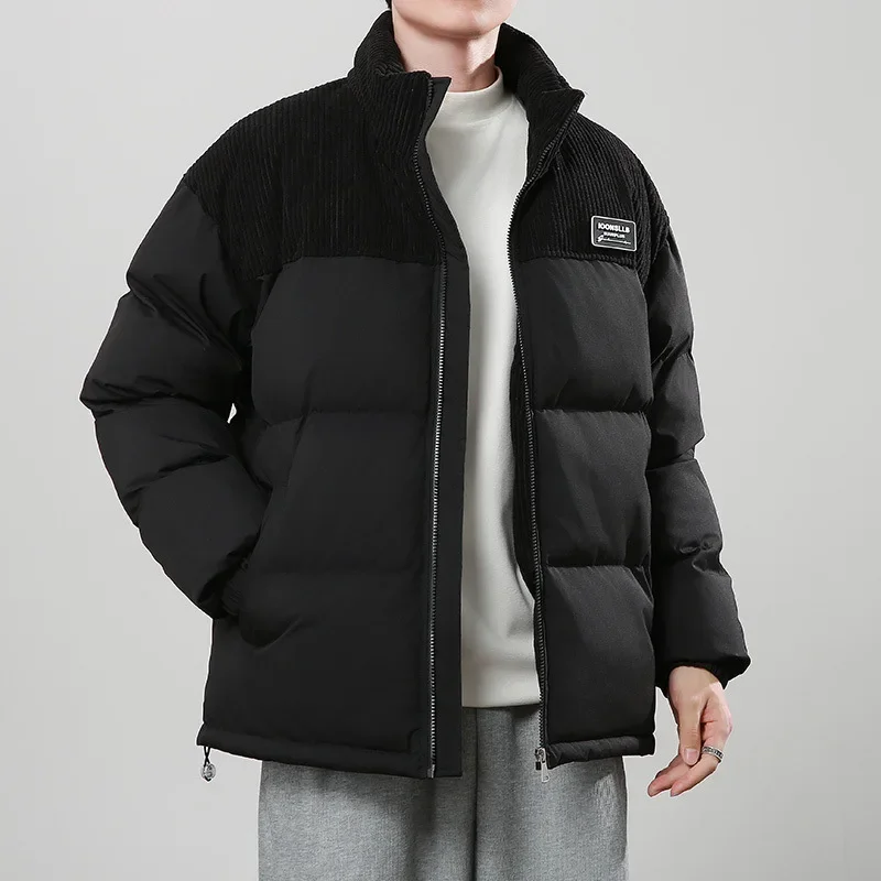 

Men's Winter Fashion Korean Style Color Block Collar Cotton Jacket Early Spring White Polyester Fiber Couple's Coat